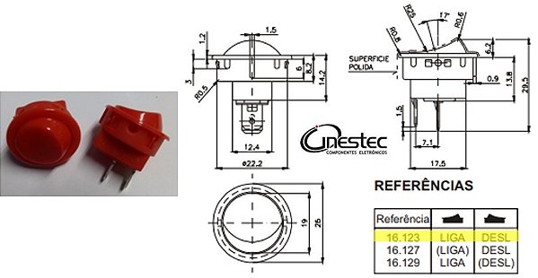 CHAVE GANGORRA INTERRUPTOR MG DE TECLA 2P 2T 6A 16123  M9ET8EE2S VERMELHO