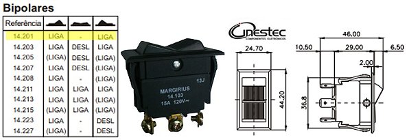 CHAVE GANGORRA INTERRUPTOR MG DE TECLA BIPOLAR 6T 15A 120V 10A 250V 14201