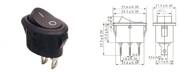 CHAVE GANGORRA OVAL PRETO 2T 2P 6A x 250V KCD1-115 101 PT