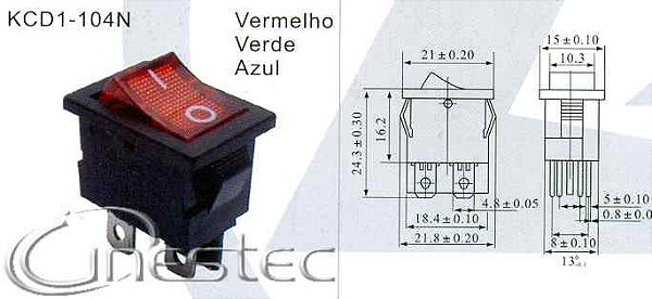 CHAVE GANGORRA PEQUENO 4T 2P 6A X 250V VERMELHO COM LUZ  KCD1-104N