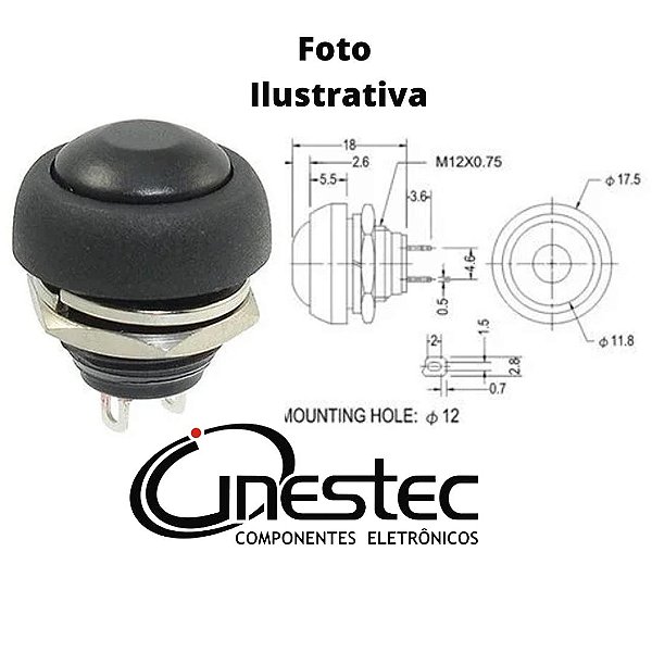 CHAVE PUSH BOTON 12mm A PROVA D'AGUA - SEM TRAVA - NA - Preto