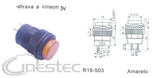 CHAVE PUSH BOTON GRANDE COM TRAVA COM NEON AMARELO R16 503AD