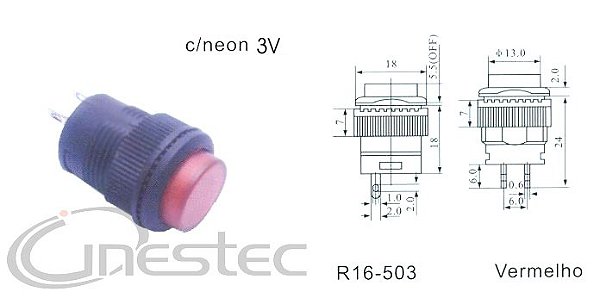 CHAVE PUSH BOTON GRANDE SEM TRAVA COM NEON VERMELHO R16 503BD