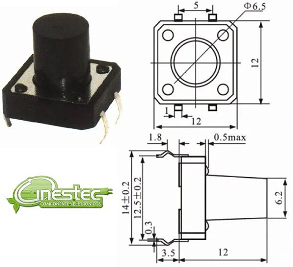 CHAVE TACTIL 4T 180o 12 X 12 X 12mm