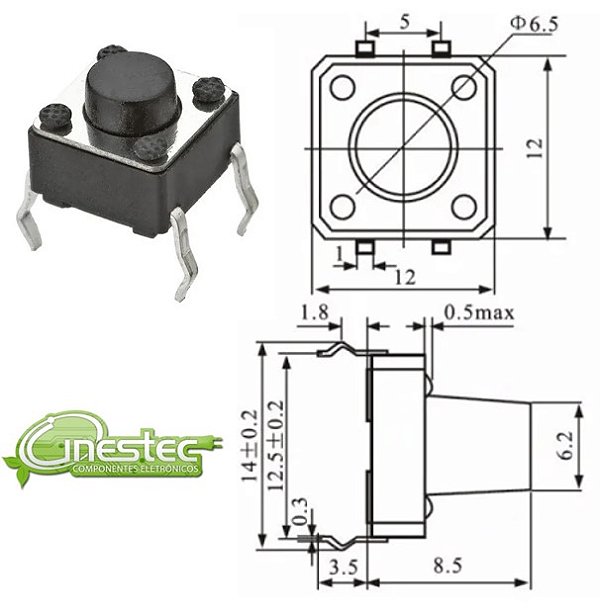 CHAVE TACTIL 4T 180° 12 X 12 X 8,5mm