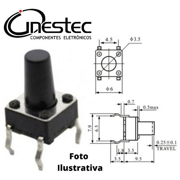 CHAVE TACTIL 4T 180° 6 x 6 x 9,5mm