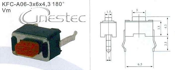 CHAVE TACTIL SMD 2T 180° 3 X 6 X 4,3mm LINHA AUTOMOTIVA CHAVEIRO