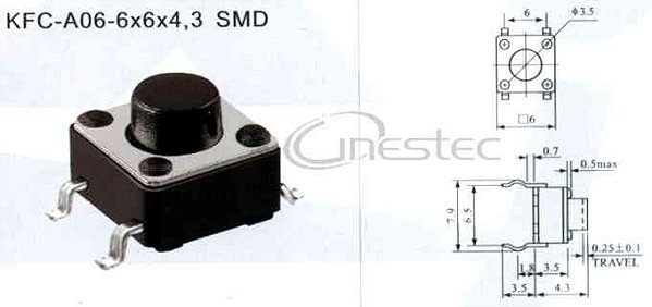 CHAVE TACTIL SMD 4T 180° 6 X 6 X 4,3mm