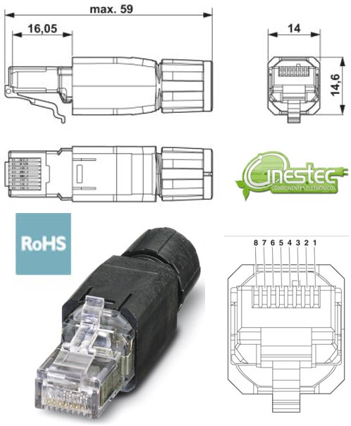 CONECTOR / PLUG RJ45, IP20, CAT5, 8 POLOS, 1GBITS   PRENSA CABO