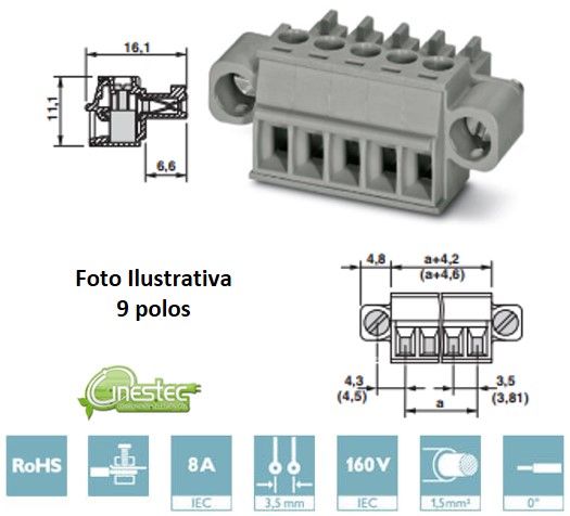 CONECTOR DE PLACA DE CIRCUITO IMPRESSO - BCP-350F- 9 GY - 3,5