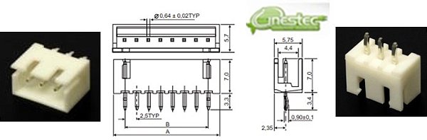 CONECTOR MACHO JST B3B 2,50mm 3 PINOS 180 graus  PEMC1-03