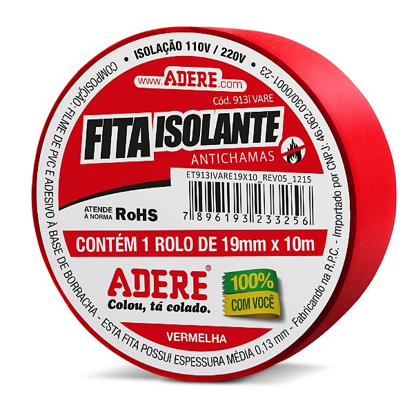 FITA ISOLANTE ANTI CHAMA 05M X 19mm X 0,13mm  VERMELHO  913I