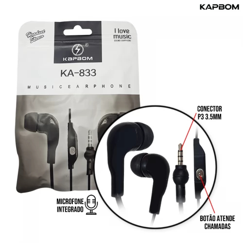 FONE DE OUVIDO AURICULAR COM MICROFONE KA-833