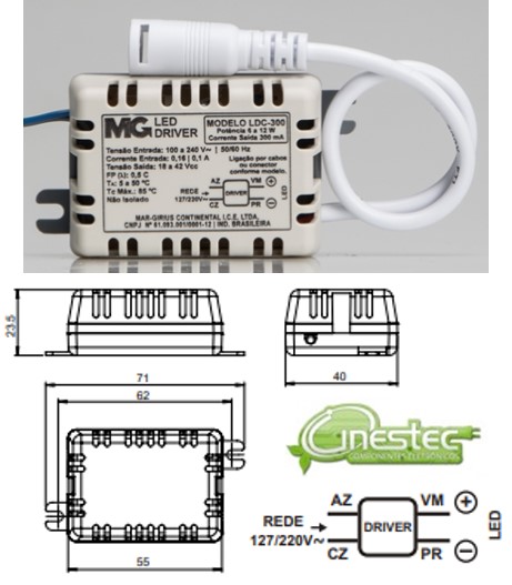 FONTE / DRIVE PARA LED  CORRENTE CONSTANTE  COM PLUGUE - 6 A 12W