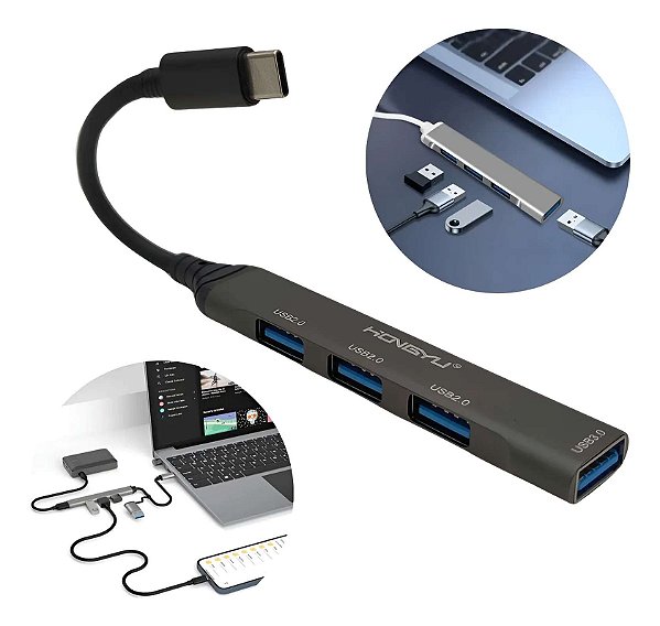 HUB TYPE-C PARA USB 4 PORTAS SENDO 3P 2.0 / 1P 3.0 - HY-EX01