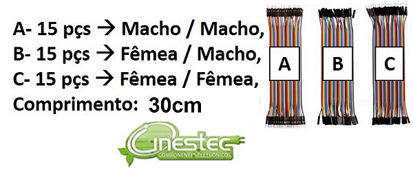 KIT CABO JUMPER M/M  F/M  F/F  30cm  COM 45 CABOS PARA PROTOBOARD