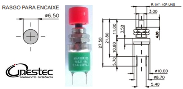 MICRO CHAVE PUSH BOTON MG 1A 120V OU 500ma 250V PORCA  VERMELHO NA 18531