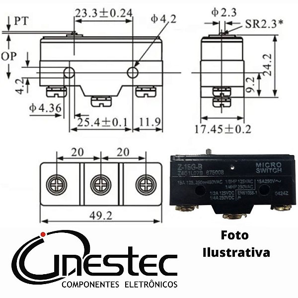 MICROSWITCH 15A SEM HASTE 3 PINOS PEQUENOS TERMINAL PARAFUSO KW-15G-B