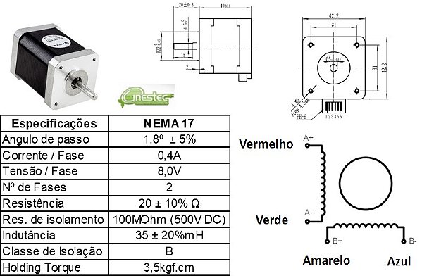 MOTOR DE PASSO NEMA 17 WS17 0,4A MODU  WOTIOM