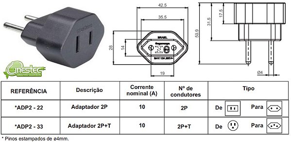 PLUG ADAPTADOR FEMEA 2P CHATO PARA PADRAO  ADP2-22 - 10A - PRETO