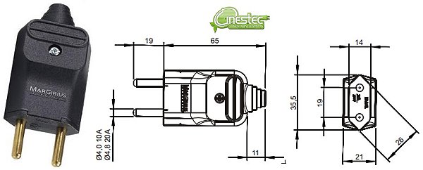 PLUGUE DE FORCA PLD2-2 PRETO - 2P - 20A - 180 graus  COM Prensa Cabo