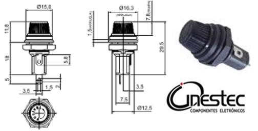 PORTA FUSIVEL MG COM ROSCA / PAINEL PEQUENO 5x20 CHANFRADO - 15A - 11005 / F