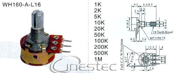 POTENCIOMETRO ROTATIVO 10KB 3 TERMINAL 16MM  L15/CI  COM CHAVE  WH160-A