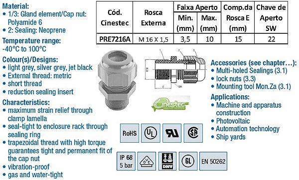 PRENSA CABO -TEC EM PA 6 M16 - CORPO LONGO- C/ INSERTO - CZ