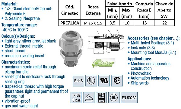 PRENSA CABO -TEC EM PA 6 M16 - ROSCA LONGA - C/ INSERTO - PR