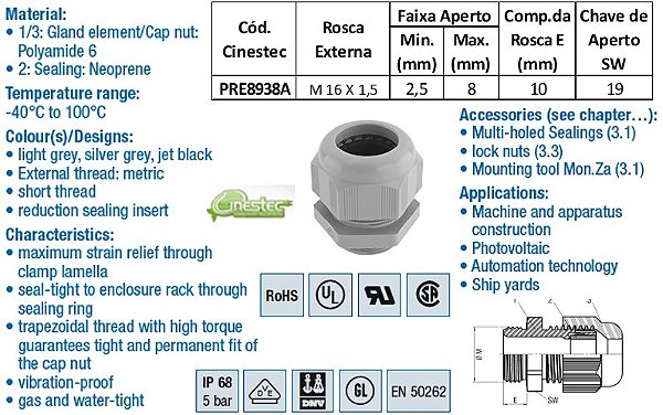 PRENSA CABO -TEC EM PA 6 M16 CORPO CURTO C/ INSERTO DE VEDACAO