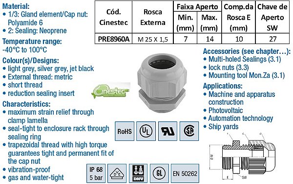 PRENSA CABO -TEC EM PA 6 M25 - ROSCA CURTA - CINZA