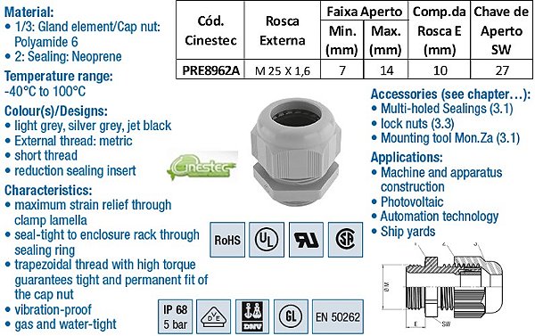 PRENSA CABO -TEC EM PA 6 M25 - ROSCA CURTA - COM VEDACAO  PRETO