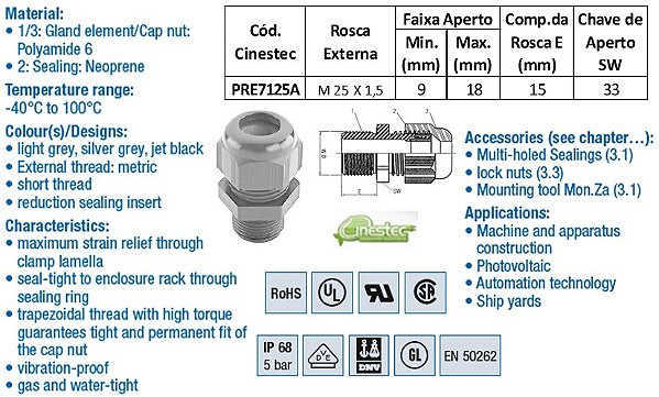 PRENSA CABO -TEC EM PA 6 M25 - ROSCA LONGA - C/ INSERTO - PR