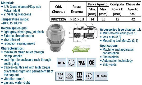 PRENSA CABO -TEC EM PA 6 M32 x 1,5 - ROSCA LONGA - COM INSERTO e CONTRA PORCA - Preto