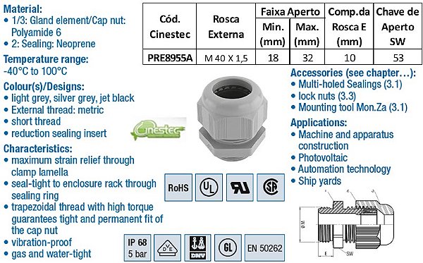 PRENSA CABO -TEC EM PA 6 M40 - ROSCA CURTA  COM VEDACAO  CINZA