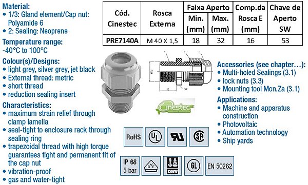 PRENSA CABO -TEC EM PA 6 M40 - ROSCA LONGA - C/ INSERTO - PR
