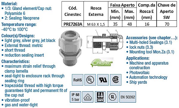 PRENSA CABO -TEC EM PA 6 M63 - ROSCA LONGA - C/ INSERTO - CZ