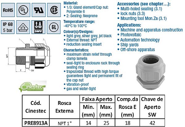 PRENSA CABO -TEC EM PA 6 NPT1 - C/ INSERTO DE VEDACAO - CZ