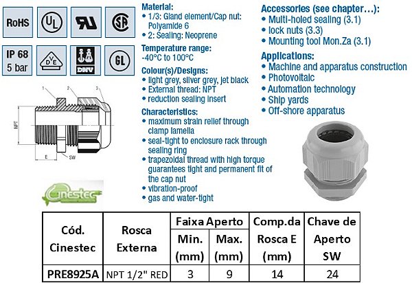 PRENSA CABO -TEC EM PA 6 NPT1/2 COM REDUTOR - PR