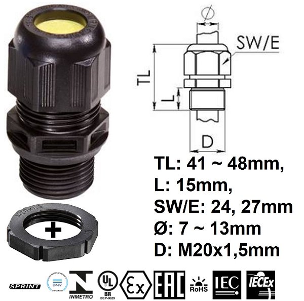 PRENSA CABO COM CONTRA PORCA PA Ex eb, Ex M20x1.5/13