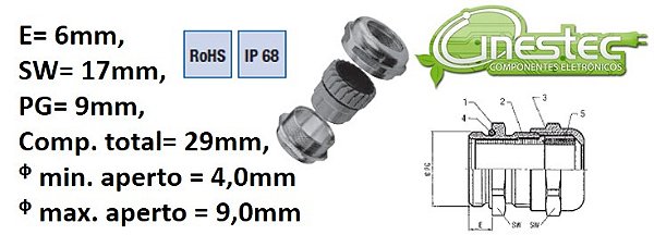 PRENSA CABO METALICO S-TEC NIQ. PG 9 (6MM) 4,0 - 9,5MM