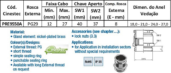 PRENSA CABO NIQUEL COM CONTRA PORCA PG29 ROSCA CURTA