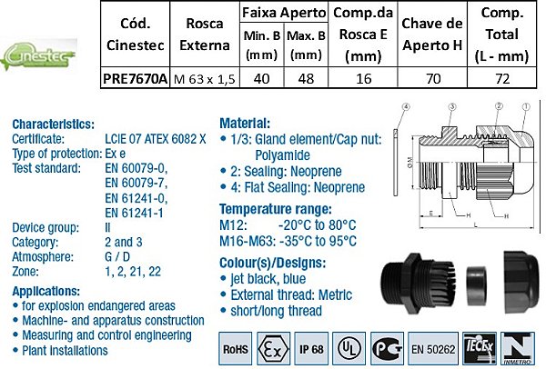 PRENSA CABO S-TEC ATEX - PA6 - M63 - COM ANEL DE VEDACAO - AZUL