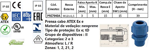 PRENSA CABO S-TEC ATEX PA6 EXI M16L X 1,5 - ROSCA LONGA - ANEL D
