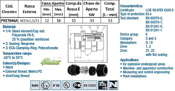 PRENSA CABO S-TEC ATEX PA6 M25 X 1,5 - ROSCA LONGA - INSERTO JAT