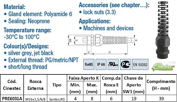 PRENSA CABO SYNTEC PA6 - COM RABICHO, ROSCA CURTA - CZ - M 16 X