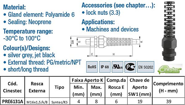 PRENSA CABO SYNTEC PA6 - COM RABICHO, ROSCA CURTA - PR - M 16 X 1,5