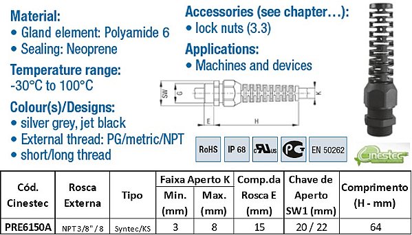 PRENSA CABO SYNTEC PA6 - COM RABICHO, ROSCA CURTA - PR - NPT 3/8