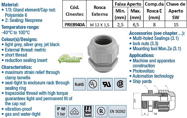 PRENSA CABO TEC EM PA 6 M12x15 ROSCA CURTA COM VEDACAO - PRETO