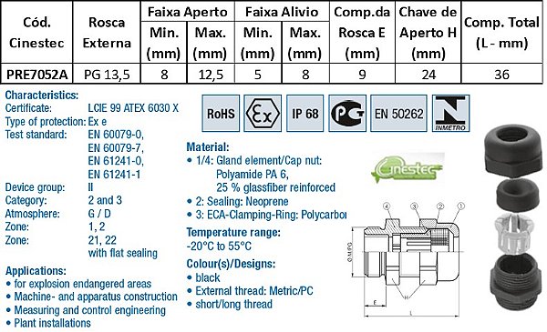 PRENSA CABO WADE-TEC EXE ATEX PA6 PG 13,5 - ROSCA CURTA